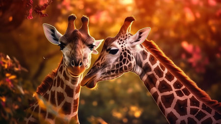 Gorgeous touching moment, parents giraffe taking care of their little. Generative AIの素材