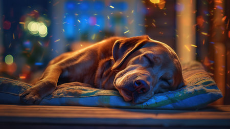 Falling asleep labrador dog on blurred house Generative AIの素材