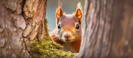 Curious red squirrel peeking behind the tree trunk Generative AIの素材
