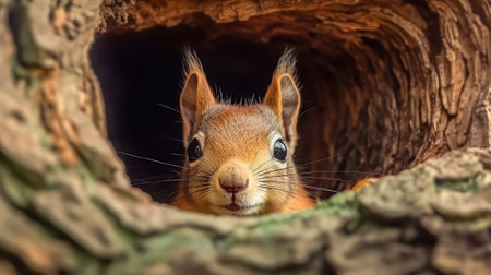 Curious red squirrel peeking behind the tree trunk Generative AIの素材