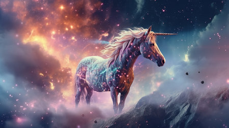 Fantastic starry sky, fluffy clouds and a magical unicorn Generative AIの素材