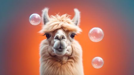Fluffy adorable lama blowing bubblegum. Generative AIの素材