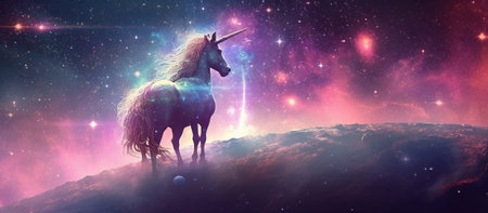Fantastic starry sky, fluffy clouds and a magical unicorn Generative AIの素材