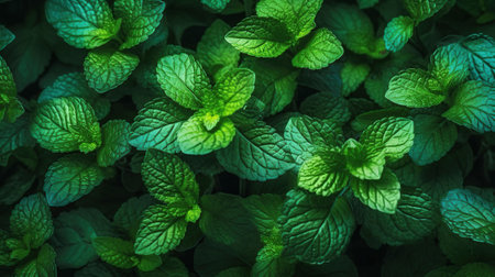 Fresh mint, flat lay, top view, Generative AIの素材