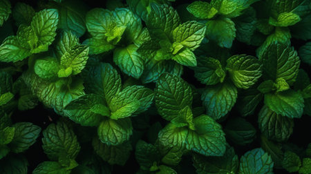 Fresh mint, flat lay, top view, Generative AIの素材