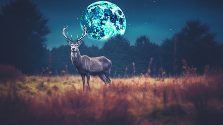 stag stands among the meadows , starry night Generative AI, Generative, AIの素材