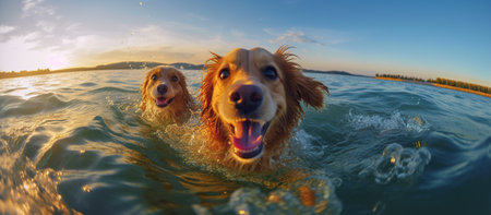 two happy dogs on the sea. Cute pet couple. Generative AIの素材