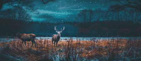 stag stands among the meadows , starry night Generative AI, Generative, AIの素材