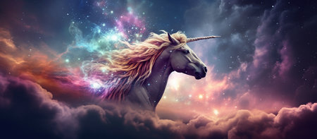 Fantastic starry sky, fluffy clouds and a magical unicorn Generative AIの素材