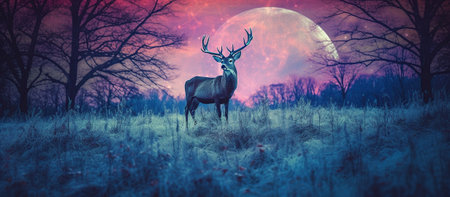 stag stands among the meadows , starry night Generative AI, Generative, AIの素材