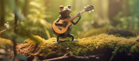 Funny little frog playing a guitar in the forest Generative AIの素材