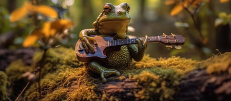 Funny little frog playing a guitar in the forest Generative AIの素材