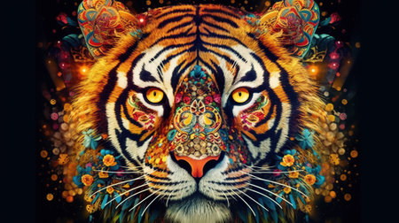 Tiger head with creative elements on colorful, Generative AIの素材
