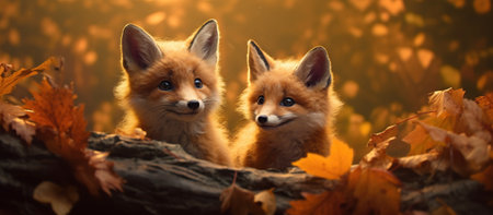 Two baby foxes sitting in fall leaves Generative AIの素材