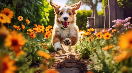 dog puppy running between flowers in spring Generative AIの素材