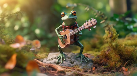 Funny little frog playing a guitar in the forest Generative AIの素材