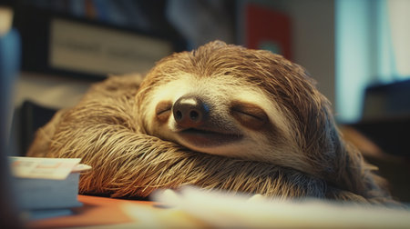 very tired sloth sleeps on the files in the office Generative AIの素材