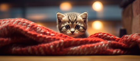 cute british kitten lies on a wooden under a red blanket Generative AIの素材