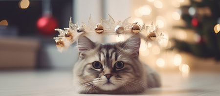 Cat in a reindeer headband on a blurred Christmas background Generative AIの素材