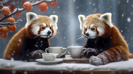 Two red pandas drink coffee in winter. Generative AIの素材
