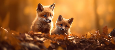 Two baby foxes sitting in fall leaves Generative AIの素材