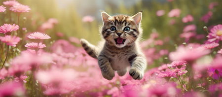 kitten fly and jump over pink flower meadow. Generative AIの素材