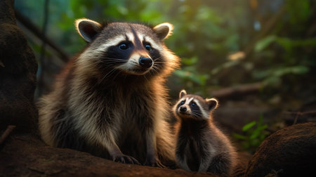 Mother raccoon with little raccoon. Generative AIの素材