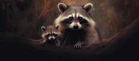 Mother raccoon with little raccoon. Generative AIの素材