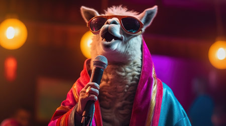 Lama singing in the karaoke on the stage. Generative AIの素材