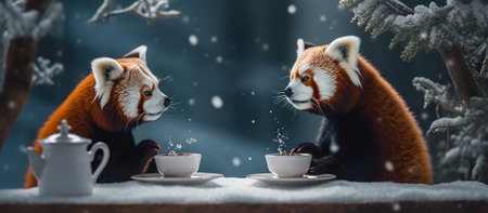 Two red pandas drink coffee in winter. Generative AIの素材