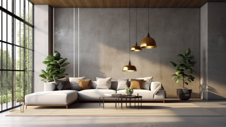 Contemporary concrete living room interior with furniture Generative AIの素材