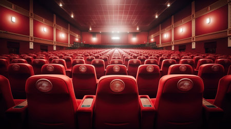 Interior of empty cinema with rows of red seats Generative AIの素材