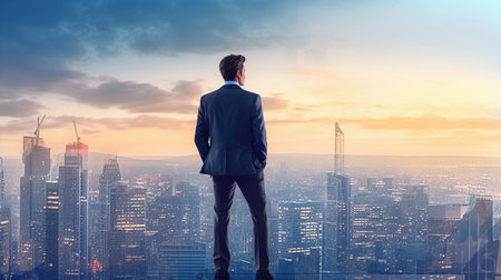 Businessman standing on rooftop and looking into the distance Generative AIの素材