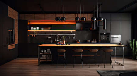 Modern dark kitchen interior with furniture Generative AIの素材