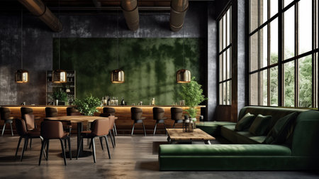 Industrial style bar corner with dark gray walls, Generative AIの素材