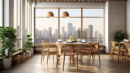 New dining room interior with furniture, dishware, Generative AIの素材