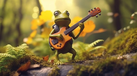 Funny little frog playing a guitar in the forest Generative AIの素材