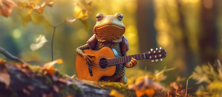Funny little frog playing a guitar in the forest Generative AIの素材