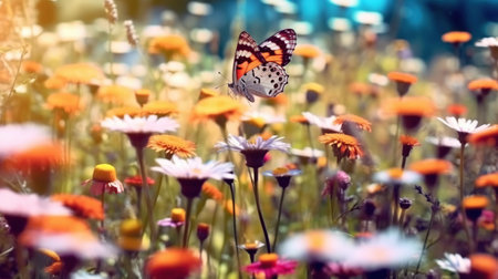 Wild flowers and butterflies. Generative AIの素材