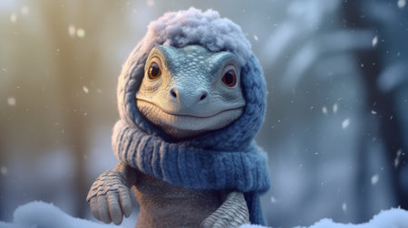 Cute baby dinosaur in a winter hat Generative AIの素材