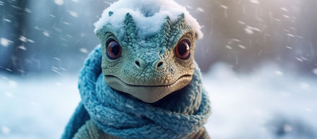 Cute baby dinosaur in a winter hat Generative AIの素材
