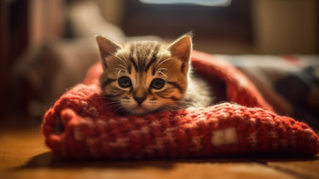 cute british kitten lies on a wooden under a red blanket Generative AIの素材