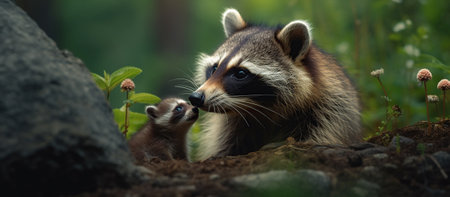 Mother raccoon with little raccoon. Generative AIの素材