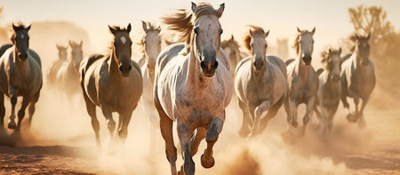 Horses with long mane portrait run gallop in desert dust Generative AIの素材