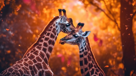 Gorgeous touching moment, parents giraffe taking care of their little. Generative AIの素材