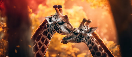 Gorgeous touching moment, parents giraffe taking care of their little. Generative AIの素材
