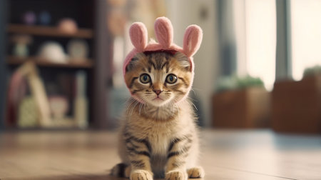 Cute kitty looks at the camera in a bunny costume. Generative AIの素材