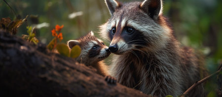 Mother raccoon with little raccoon. Generative AIの素材