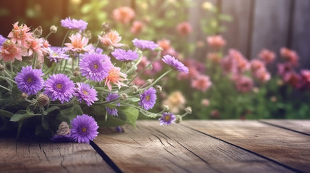 Garden flowers on wooden table background Generative AIの素材