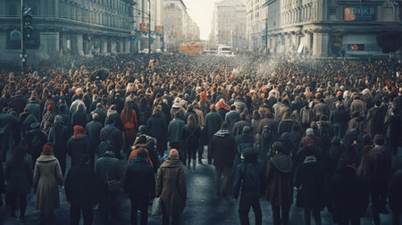Crowd of people protesting together walking in the city, Generative AIの素材